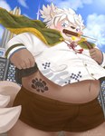 anthro belly bottomwear brown_body brown_fur clothing fur hair heterochromia katana male melee_weapon overweight shorts solo sword sword_in_mouth tattoo weapon white_hair young dagehot lifewonders tokyo_afterschool_summoners masashi_(tas) absurd_res hi_res