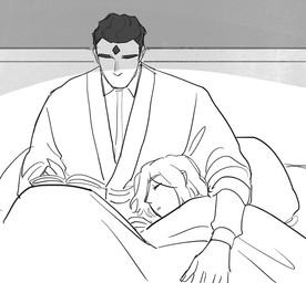 ambiguous_gender bedding blanket book clothed clothing duo hair human_only male not_furry robe starfleetrambo siren_and_scientist anders_(starfleetrambo) oskar_(starfleetrambo) human mammal digital_media_(artwork) monochrome sketch trans_(lore) trans_man_(lore)