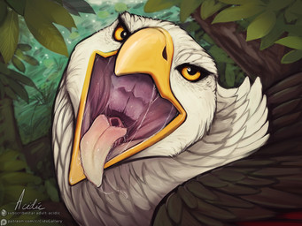 ambiguous_feral ambiguous_gender beak bodily_fluids brown_body brown_feathers brown_wings drooling feathered_wings feathers feral glistening glistening_eyes grass looking_at_viewer mouth_shot open_mouth outside plant saliva saliva_string solo text white_body white_feathers wings yellow_beak yellow_eyes acidic accipitrid accipitriform avian bird eagle signature url