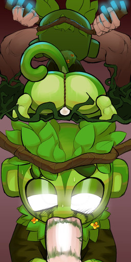antler_grab antlers bulge bulge_from_behind duo fellatio flower fur genitals glowing glowing_eyes glowing_white_eyes green_body green_fur green_hair green_lips green_lipstick green_lipstick_mark green_lipstick_mark_on_penis hair horn human_penetrating kiss_mark kiss_mark_on_penis kissing leaf lips lipstick makeup male male/male mascara monkey_tail oral penetration penile penis plant running_makeup running_mascara sex white_eyes monkiebrained bloons_tower_defense ninja_kiwi druid_(bloons) animal_humanoid elemental_creature flora_fauna haplorhine human humanoid mammal mammal_humanoid monkey monkey_humanoid primate primate_humanoid 2025 absurd_res hi_res