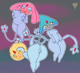 2_tails abstract_background bedroom_eyes belly bent_over big_breasts blonde_hair blue_hair blush breast_size_difference breasts eyelashes eyes_closed featureless_breasts female forehead_gem gem genitals grey_body group hair holding_breast looking_at_viewer multi_tail narrowed_eyes not_furry pink_body pink_hair seductive shortstack slightly_chubby small_breasts tail take_your_pick tongue tongue_out trio vulva yellow_eyes heartear18 nintendo pokemon azelf generation_4_pokemon humanoid legendary_pokemon mesprit pokemon_(species) uxie hi_res