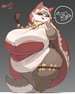 anthro areola areola_slip belly big_breasts breasts cleavage clothed clothing cutlery elderly elderly_female eyelashes eyewear female fur furgonomic_headwear furgonomics glasses gradient_background grey_background grey_body grey_fur holding_spoon huge_breasts kitchen_utensils looking_at_viewer mature_female multicolored_body multicolored_fur navel one_eye_closed open_:3 open_mouth overweight overweight_anthro overweight_female red_hood round_glasses shortstack simple_background smile solo spoon standing tail thick_thighs tools two_tone_body two_tone_fur white_body white_fur wide_hips wink cyan_asdf capcom monster_hunter grammeowster_chef domestic_cat felid feline felis felyne lynian mammal 4:5 full-length_portrait hi_res pictographics portrait