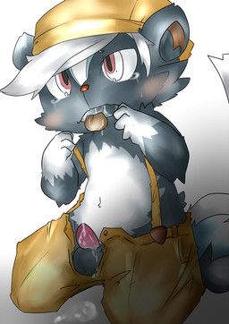 anthro balls biped blush bodily_fluids bottomwear clothing crying cum cum_in_mouth cum_inside erection flat_cap genital_fluids genitals hat headgear headwear kneeling male open_mouth pants penis solo suspenders tail tears tongue tongue_out young young_anthro milk3169 animal_crossing nintendo kicks_(animal_crossing) mammal mephitid skunk striped_skunk hi_res