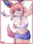 3:4 bangs big_breasts bottomwear breasts cleavage clothed clothing cutie_mark eeveelution female generation_6_pokemon grinning_at_viewer hasbro hi_res humanoid long_tail looking_at_viewer my_little_pony navel nintendo pokemon pokemon_(species) shorksally shorts smile solo sylveon tail thong underwear