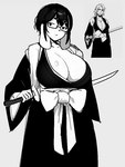 anthro big_breasts breasts circle_eyebrows cosplay dark_hair eyebrows eyewear female floppy_ears front_view glasses holding_katana holding_melee_weapon holding_object holding_sword holding_weapon huge_breasts katana long_ears melee_weapon mouth_closed narrowed_eyes rectangular_glasses simple_background solo sword weapon wearing_glasses white_background jxzuke bleach_(series) mochi_(jxzuke) rangiku_matsumoto rangiku_matsumoto_cosplay canid canine canis domestic_dog hunting_dog mammal mixed_breed scent_hound shiba_inu spitz 2024 3:4 digital_drawing_(artwork) digital_media_(artwork) halftone monochrome portrait