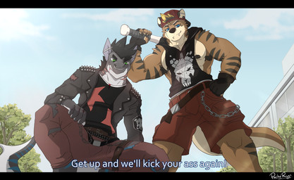 anthro backwards_baseball_cap backwards_hat barbell_piercing baseball_cap belt black_bars black_body black_clothing black_fur black_hair black_nipples black_scales black_topwear blonde_hair blue_eyes blue_sky blue_stripes bottomwear brown_belt brown_body brown_fur clothing cloud countershading day duo ear_piercing facial_piercing front_view fur gauged_ear gills glistening glistening_eyes green_eyes grey_body grey_clothing grey_jacket grey_topwear hair hat headgear headwear industrial_piercing jacket looking_down male multicolored_hair muscular muscular_anthro muscular_male nipple_barbell nipple_piercing nipples nose_piercing nose_ring otter_tail outside pecs piercing plant red_bottomwear red_clothing red_shorts ring_piercing scales septum_piercing septum_ring shirt shorts sky spiked_jacket striped_body striped_scales stripes tail tan_body tan_fur tank_top text topwear tree two_tone_hair white_body white_scales pache_riggs kyo_(kiasano) ziggy_(dezo) aquatic canid canine canis domestic_dog fish hybrid mammal mustelid otter shark english_text hi_res letterbox signature