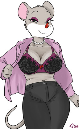 anthro bedroom_eyes big_breasts bottomwear bra breasts clothed clothing denim denim_bottomwear denim_clothing eyeshadow female fur grey_body grey_fur jeans makeup narrowed_eyes open_clothing open_shirt open_topwear pants purple_eyes seductive shirt solo topwear underwear giaba geronimo_stilton_(series) thea_stilton mammal mouse murid murine rodent absurd_res hi_res