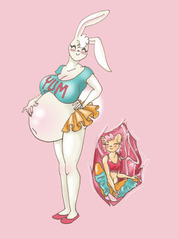 anthro belly bottomwear clothing dancewear duo endosoma female female/female female_pred female_prey fully_inside happy inside_stomach internal leg_warmers legwear midriff organs overweight pink_background safe_vore simple_background skirt smile stomach tutu vintage vore featherscratches hare lagomorph leporid mammal mouse murid murine rabbit rat rodent absurd_res colorful_theme hi_res