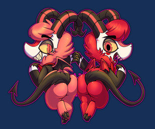2_horns ambiguous/ambiguous ambiguous_anthro ambiguous_gender anthro ass_to_ass biped black_blush black_clothing black_eyebrows black_suit black_tail black_wings blush blush_lines bottomless bottomless_ambiguous bottomless_anthro bow_tie butt clothed clothed_ambiguous clothed_anthro clothing curved_horn duo eyebrows fingers forked_tongue formal_wear fur glistening glistening_butt glistening_eyes hand_holding hooved_plantigrade hooved_toes hooves horn looking_at_viewer membrane_(anatomy) membranous_wings multicolored_tail multicolored_wings outline pink_outline plantigrade pupils rear_view red_body red_bow_tie red_eyes red_fur red_tail red_tongue red_wings sharp_teeth slit_pupils smile smiling_at_viewer spade_tail suit tail teeth tongue white_face wings wool_(fur) yellow_sclera young lkiws hazbin_hotel hellaverse dazzle_(hazbin_hotel) razzle_(hazbin_hotel) bovid caprine caprine_demon demon goat_demon mammal 2026 alpha_channel digital_media_(artwork) hi_res