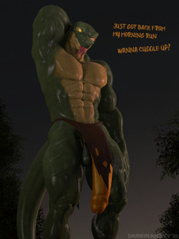 abs anthro balls biceps big_balls big_penis biped bodily_fluids bottomwear brown_bottomwear brown_clothing brown_loincloth clothing cloud cloudy_sky dark_clouds flaccid flaccid_bigger genital_fluids genitals glistening glistening_body glistening_skin green_balls green_body green_skin green_tail grin hand_behind_head huge_penis ineffective_clothing ineffective_loincloth loincloth long_penis looking_at_viewer male morning muscular muscular_arms muscular_male offering_to_viewer pecs penis plant precum precum_on_penis precum_squirt precum_string question_mark raised_arm sky smile solo standing suggestive_dialogue sunrise sweat sweaty_abs sweaty_armpit sweaty_arms sweaty_balls sweaty_body sweaty_face sweaty_genitalia sweaty_legs sweaty_thighs tail tan_body tan_skin teeth text tongue tongue_out tree wet wet_body yellow_eyes yellow_penis yellow_text darwinthejockey lizard_(petruz) lizard reptile scalie 3d_(artwork) digital_media_(artwork) hi_res signature source_filmmaker_(artwork)