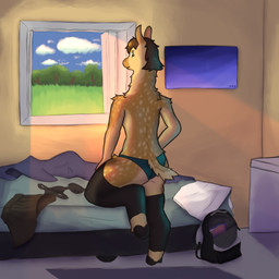 ambiguous_gender anthro backpack backpack_on_floor bed bed_sheet bedding bedroom bottomwear bra brown_hair carpet clothing cloud footwear forest fur furniture grass hair hooves inside light looking_at_viewer neck_tuft on_one_leg painting_(object) panties plant skirt smile snout socks solo spots standing sunlight tail tree tuft underwear window yellow_body yellow_fur wolli_mazangui wolli_(wolli_mazangui) alpaca camelid llama mammal 1:1 hi_res