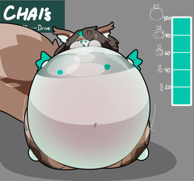 ambiguous_gender anthro belly belly_expansion big_belly body_inflation clothing expansion fishnet_clothing hair huge_belly hyper hyper_belly hyper_inflation immobile inflation simple_background solo spherical_inflation tail text wings starrydraco mythology chai_(starrydraco) canid canine dragon hybrid mammal mythological_creature mythological_scalie scalie therrigon digital_media_(artwork)