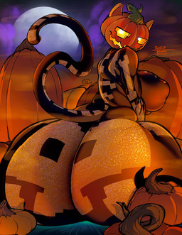 big_breasts big_butt breast_squish breasts butt butt_focus female food for_a_head fruit night nude outdoor_background outdoor_nudity outside plant pumpkin pumpkin_head pumpkin_patch sitting sitting_on_ground smile smiling_at_viewer squish thick_thighs wide_hips thendyart epic_games fortnite spice_(fortnite) domestic_cat felid feline felis food_creature mammal object_head absurd_res hi_res