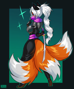 3_tails anthro armor breasts clothed clothed_anthro clothed_female clothing covered_mouth female fluffy fluffy_tail fur hair katana long_hair melee_weapon multi_tail multicolored_body multicolored_fur ninja orange_body orange_fur pink_scarf scarf solo sword tail two_tone_body two_tone_fur warrior weapon white_body white_fur white_hair jamoart canid canine fox mammal 2026 absurd_res hi_res