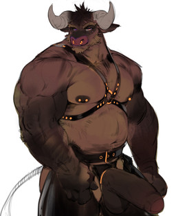 anthro balls black_clothing black_legwear brown_balls brown_body brown_fur brown_penis clothed clothing erection foreskin front_view fur genitals humanoid_genitalia humanoid_penis legwear looking_at_viewer male male_anthro mouth_closed musclegut muscular muscular_anthro muscular_male nipple_piercing nipples orange_eyes orange_piercing overweight overweight_anthro overweight_male pecs penis piercing solo standing topless vein veiny_penis darkgem bovid bovine cattle mammal hi_res portrait three-quarter_portrait