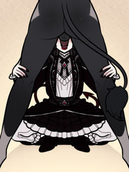 anthro backsack balls clothed clothed_sex clothing colored_nails crouching duo fellatio female fingernails genitals hands_on_legs male male/female nails oral penile pointed_tail sex standing tail tail_tuft tuft birthnight toro_(nerobeasts) bovid caprine demon goat human mammal vampire