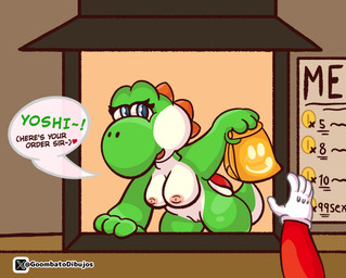 anthro blue_eyes breasts clothed clothing duo female first_person_view genitals gloves green_body handwear human_pov pokemon_speak pov_hands short_tail simple_background solo_focus speech_bubble tail text vulva goombato_dibujos mario_bros mario_kart mario_kart_world nintendo esmeralda_(gbtod) mario yoshi_(character) yoshi_(food_slinger) green_yoshi human mammal yoshi english_text hi_res