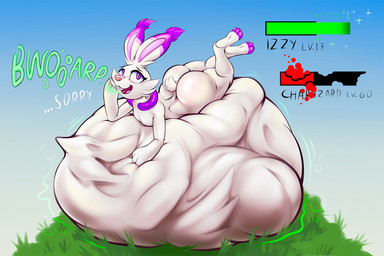 ambiguous_gender belly big_belly big_butt bodily_noises burping butt curvy_figure different_sound_effects digestion digestion_noises duo extended_sound_effect fatal_vore feral gameplay_mechanics grass gui hand_on_belly health_bar huge_belly hyper hyper_belly imminent_death imprint level_difference level_number lying nude number on_front onomatopoeia oral_vore plant resting_on_belly rumbling_stomach simple_background size_difference smaller_pred sound_effect_variant sound_effects text vore white_body sassylebraix nintendo pokemon charizard generation_1_pokemon generation_8_pokemon pokemon_(species) scorbunny english_text hi_res