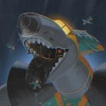 aircraft ambiguous_gender anthro bodily_fluids dotted_line drooling flying fur glowing glowing_eyes green_body green_fur group machine on_tongue saliva sharp_teeth simple_background size_difference teeth tongue tongue_out vehicle blushing_yokai living_aircraft living_machine living_vehicle 1:1 hi_res