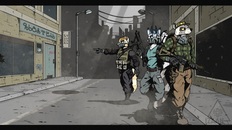 anthro armor_plates backpack boots city city_background clothing door ears_up female footwear gas_mask gesture group gun hand_gesture holding_gun holding_object holding_ranged_weapon holding_rifle holding_weapon horn male male/female mask pointing ranged_weapon rifle shoes sign street_lamp tail text topwear trio vest weapon wearing_mask window mawkvlt 16:9 hi_res widescreen