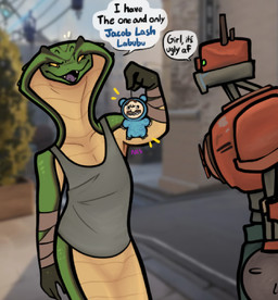 anthro apode arm_wraps clothing countershade_accent dialogue duo female flat_chested green_body green_scales legless machine male plushie red_body scales serpentine shirt snake_hood tank_top text topwear wraps wrist_wraps ncs deadlock_(game) labubu_(toy) valve valve_corporation bebop_(deadlock) vyper_(deadlock) draconcopode humanoid naga reptile robot scalie snake 2025 english_text hi_res