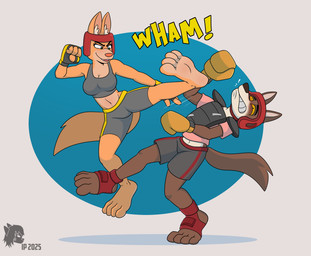 anthro barefoot boxing defeated duo feet female fight fighting_ring hindpaw male male/female martial_arts paws soles sport toes unconscious introvertedpooch dreamworks the_bad_guys diane_foxington mr._wolf_(the_bad_guys) canid canine canis fox humanoid mammal wolf hi_res