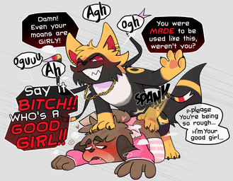 anal anal_penetration angry anthro arm_warmers armwear blush brown_body brown_fur butt_slap clothed clothing crossdressing dirty_talk duo ear_piercing ear_ring femboy from_behind_position fucked_silly fur gender_play gold_(metal) gold_jewelry good_girl head_push heart_symbol jewelry legwear male male/male male_penetrated male_penetrating male_penetrating_male misgendering multicolored_body multicolored_fur panties penetration penile penile_penetration penis_in_ass piercing profanity ribbons_(anatomy) ring_piercing rough_sex sex slap spanking stockings teeth_showing text tongue tongue_out underwear crushpepper animal_crossing nintendo pokemon digby_(animal_crossing) terry_(etanks3) canid canine eeveelution generation_2_pokemon generation_6_pokemon hybrid mammal pokemon_(species) sylveon umbreon absurd_res english_text hi_res