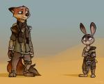 anthro barefoot claws crossed_arms cybernetic_arm cybernetic_limb cybernetics desert duo feet female frown green_eyes knife machine male outside purple_eyes scarf size_difference toe_claws whitepone disney mad_max zootopia judy_hopps nick_wilde canid canine cyborg fox lagomorph leporid mammal rabbit red_fox true_fox 2016 crossover