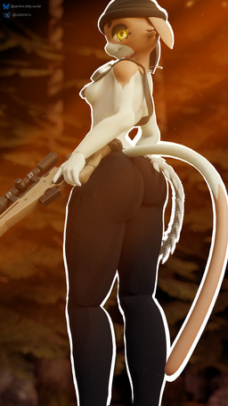 animal_genitalia anthro athletic athletic_anthro athletic_female beanie big_butt breasts butt clothed clothing ear_piercing erect_nipples feline_genitalia female fur genitals glowing glowing_eyes gun hat headgear headwear looking_at_viewer nipples orange_body orange_eyes orange_fur partially_clothed piercing ranged_weapon rifle small_breasts sniper_rifle solo topless weapon white_body white_fur samtrix seriuswolf_(modeler) epic_games fortnite fortnite:_battle_royale meow_skulls felid feline mammal 2025 3d_(artwork) 4k 9:16 absurd_res digital_media_(artwork) hi_res