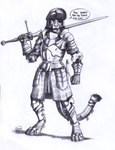 anthro armor belt bevor buckle clothing couter cuirass dialogue digitigrade eye_patch eyewear female full_armor furgonomics gauntlets gloves greaves handwear headgear helmet holding_melee_weapon holding_object holding_sword holding_weapon looking_aside markings melee_weapon pauldron plate_armor poleyn sabatons shadow simple_background solo speech_bubble standing straps striped_markings striped_tail stripes sword tail tail_armor tail_markings tassets text weapon white_background 0laffson soulcatcher_(xanderh) felid mammal pantherine tiger 2024 english_text graphite_(artwork) hi_res monochrome pencil_(artwork) signature traditional_media_(artwork)