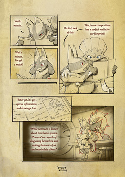 anthro arm_tattoo biped blue_eyes book chest_spike claws dialogue duo eyelashes female fur green_eyes hair inside male page_number pouch_(clothing) red_eyes red_tattoo spikes spikes_(anatomy) tattoo text truescorn nintendo pokemon pokemon_mystery_dungeon spike_chunsoft asche_(truescorn) clarity_(truescorn) generation_4_pokemon generation_5_pokemon lucario pokemon_(species) zoroark 2026 absurd_res colored comic english_text hi_res huge_filesize