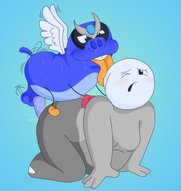 all_fours anal anal_penetration animal_genitalia balls big_balls big_penis blue_background blue_body blush bodily_fluids buckteeth clothing doggystyle drooling duo feathered_wings feathers feral from_behind_position genitals gloves grey_body handwear larger_penetrated licking male male/male male_penetrated male_penetrating male_penetrating_male nude open_mouth overweight overweight_male penetration penis red_clothing red_gloves red_handwear saliva sex simple_background size_difference sweat tail tail_motion tailwag teeth tongue wings marshmallowpuke homestar_runner sterrance strong_sad humanoid unknown_species digital_media_(artwork) hi_res