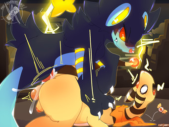 anal anal_penetration badge balls black_body black_fur blush blush_lines bodily_fluids duo electricity feral fur genital_fluids genitals glowing glowing_eyes looking_at_another looking_down looking_up male penetration penis precum sex yellow_body catjamn nintendo pokemon pokemon_mystery_dungeon spike_chunsoft ampharos generation_2_pokemon generation_4_pokemon luxray pokemon_(species) 4:3 hi_res