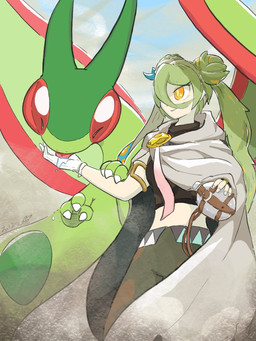 3_fingers ambiguous_gender antennae_(anatomy) bottle claws cloak clothing container duo eyelashes female feral finger_claws fingers green_body green_hair green_wings hair hand_lick tongue tongue_out water_bottle wings yellow_eyes 0bon nintendo pokemon vocaloid yamaha_corporation hatsune_miku hatsune_miku_(ground-type_trainer) flygon generation_3_pokemon human mammal pokemon_(species) 2023 3:4