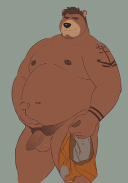 anthro arm_tattoo balls beard belly big_belly biped brown_body brown_fur brown_hair clothing facial_hair foreskin front_view fur genitals hair holding_clothing holding_object humanoid_genitalia humanoid_penis long_foreskin male moobs nipple_piercing nipples nude_anthro nude_male overweight overweight_anthro overweight_male penis piercing pubes solo standing tattoo unretracted_foreskin zcdartz bear mammal hi_res