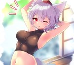 breasts clothed clothing female hair inner_ear_fluff medium_breasts navel red_eyes solo tail tuft white_ears white_hair white_tail wolf_ears wolf_tail konnoinari touhou momiji_inubashiri animal_humanoid canid canid_humanoid canine canine_humanoid humanoid mammal mammal_humanoid wolf_humanoid