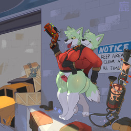 anthro blush blush_lines bodily_fluids bottomless box breasts breath christmas_decorations christmas_lights clothed clothing container crate duo eyebrows female flamethrower flare_gun fur genital_fluids genitals gloves green_body green_fur handwear male male/female open_mouth outside_sex penis precum precum_string ranged_weapon rubbing_sound_effect sex text thigh_sex tongue tongue_out truck vehicle vulva weapon white_body white_eyebrows white_fur yellow_sclera epic_derzito team_fortress_2 valve interloper_(interlope_fur) interposter_(interlope_fur) pyro_(team_fortress_2) canid canine canis mammal wolf 1:1 absurd_res english_text hi_res