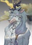 anthro clothed clothing detailed_background fur grey_body grey_ears grey_eyes grey_fur grey_hair grey_scales hair horn long_hair male multicolored_body multicolored_fur night scales sky solo spikes star starry_sky topless two_tone_body two_tone_fur white_body white_fur oberon_kuo asian_mythology chinese_mythology east_asian_mythology mythology sdorica juan_yun dragon equid kirin mammal mythological_creature mythological_scalie scalie absurd_res hi_res