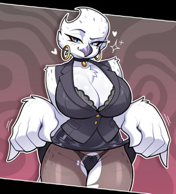 5_fingers anthro beak big_breasts biped blue_eyes breasts cleavage clothed clothed_anthro clothed_female clothing ear_piercing ear_ring eyebrows eyelashes feathers female fingers front_view heart_symbol hoop_ear_ring looking_at_viewer non-mammal_breasts piercing pupils ring_piercing simple_background smile solo thick_thighs underwear white_body white_feathers wide_hips yellow_sclera budoti vice_(budoti) avian bird horned_owl owl snowy_owl true_owl absurd_res hi_res