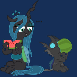 blue_eyes duo ellipsis female food fruit green_eyes humor insect_wings melon plant pupils simple_background slit_pupils transparent_background watermelon watermelon_slice wings young unknown_artist friendship_is_magic hasbro my_little_pony drone_(mlp) queen_chrysalis_(mlp) arthropod changeling_(mlp) equid mammal alpha_channel