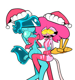 anthro arm_around_waist big_tongue biped blue_body blue_hair blush blushing_profusely bodily_fluids breasts christmas_clothing christmas_headwear cleavage clothed clothing dripping duo embarrassed entwined_legs eyewear female fluffy fluffy_tail gesture gift_wrapped goggles hair hair_over_eyes hand_gesture hat headgear headwear holidays long_hair navel nervous nervous_sweat pink_body pink_hair ribbon_only ribbons saliva saliva_drip santa_hat short_hair skimpy small_waist sweat tail tongue tongue_out toony under_boob v_sign wasp_waist wide_hips wrapped ok-pace-9424 christmas goommy_(goommymuffin) muffin_(goommymuffin) domestic_cat felid feline felis ghost mammal murid murine rat rodent spirit 2025 hi_res