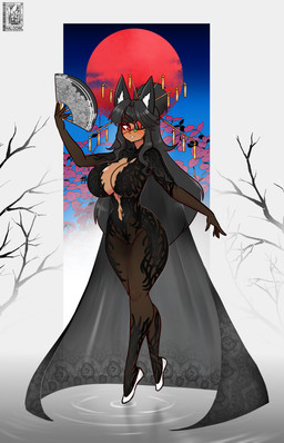 areola black_hair breasts cape clothing dress eye_patch eyewear female fingers genitals hair hand_fan pussy_floss red_eyes solo translucent translucent_clothing vulva halotroll animal_humanoid humanoid 2026 absurd_res hi_res