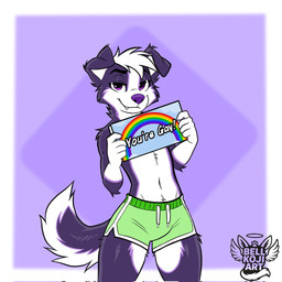 5_fingers anthro black_eyebrows border bottomwear cheek_tuft closed_smile clothing cute_fangs eyebrows facial_tuft fangs fingers floppy_ears fur green_bottomwear green_clothing green_shorts hair holding_object holding_sign logo looking_at_viewer male mouth_closed multicolored_body multicolored_fur narrowed_eyes navel purple_background purple_body purple_eyes purple_fur purple_nose rainbow shorts sign simple_background smile solo standing tail teeth text tuft white_body white_border white_fur white_hair white_inner_ear white_text bell_koji bell_o_mell_(bell_koji) border_collie canid canine canis collie domestic_dog herding_dog mammal pastoral_dog sheepdog 1:1 2025 artist_logo artist_name hi_res icon reaction_image