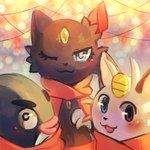 2017 ambiguous_gender anthro black_body black_eyes black_fur black_nose blue_eyes blush brown_eyes chest_gem claws closed_smile digital_media_(artwork) eyebrows eyelashes finger_claws flavia-elric forehead_gem fur gem generation_1_pokemon generation_2_pokemon group heterochromia hi_res holidays lips looking_at_viewer meowth mouth_closed nintendo one_eye_closed open_mouth open_smile pink_pupils pokemon pokemon_(species) poliwag pupils red_scarf scarf smile sneasel thick_eyebrows thick_lips tongue trio white_pupils white_sclera yellow_gem