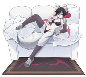 anthro armwear bikini black_clothing black_footwear black_socks clothed clothing female footwear fur furniture green_eyes inner_ear_fluff legwear looking_at_viewer lying multicolored_body multicolored_fur on_back on_sofa open_mouth ring_(jewelry) simple_background socks sofa solo spread_legs spreading stirrup_legwear stirrup_stockings stockings swimwear tuft two-piece_swimsuit two_tone_body two_tone_fur white_body lalamedli demon domestic_cat felid feline felis mammal absurd_res hi_res