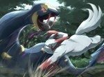 action_pose anthro claws duo fangs feral fight forest fur pink_eyes plant poison pose red_eyes sharp_teeth slash teeth tree white_body white_fur itsukinozumi nintendo pokemon generation_3_pokemon pokemon_(species) reptile scalie seviper zangoose hi_res