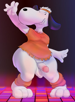 4_fingers accessory anthro balls big_butt butt circumcised clothing dancing fingers front_view fur genitals glans headband humanoid_genitalia humanoid_penis male one_eye_closed orange_clothing orange_headband orange_shirt orange_topwear penis pink_glans shirt smile solo standing thick_thighs topwear white_body white_fur rousal peanuts_(comic) snoopy canid canine canis domestic_dog mammal 2025 digital_drawing_(artwork) digital_media_(artwork) english_description hi_res