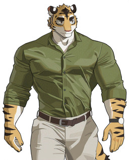 anthro belt brown_belt brown_eyes claws clock clothing collared_shirt dress_shirt finger_claws fur green_clothing green_shirt green_topwear khaki_pants male multicolored_body multicolored_fur rolled_up_sleeves shirt solo striped_body striped_fur stripes topwear walking watch white_body white_fur wristwatch yellow_body yellow_fur wasp_(artist) felid mammal pantherine tiger 2025 hi_res