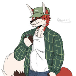 anthro beverage energy_drink male plaid_outerwear solo trava_art maestro_peacewalker_(maestrofox) canid canine fox mammal 1:1 half-length_portrait hi_res portrait