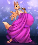 anthro belly big_belly breasts cleavage clothed clothing dress electronics female huge_belly hyper hyper_pregnancy jewelry microphone navel_outline necklace pink_clothing pink_dress pregnant pregnant_female solo sparkling_background tiggybloom dreamworks the_bad_guys diane_foxington canid canine fox mammal 2024 hi_res